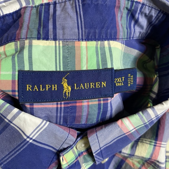 Ralph Lauren Shirt Mens 2XLT Tall Blue Plaid Madras Cotton Short Sleeve Casual - Picture 3 of 9